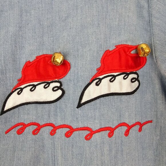 Womens Sz M/L P Blue Cotton Christmas Button Up Shirt Holidays Bells Festive - Picture 3 of 12